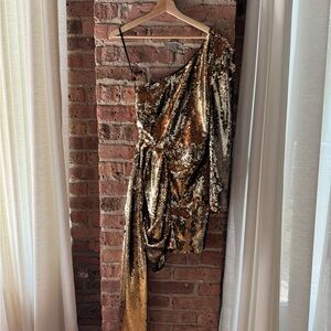 NADINE MERABI Gold Sequin One Shoulder Dress